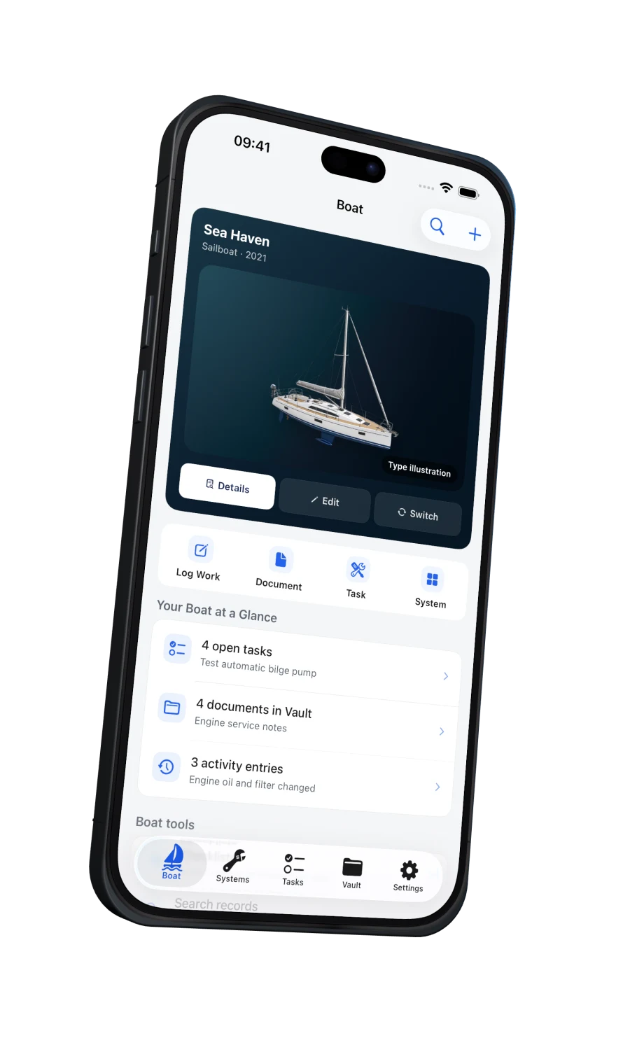 Boat Records home screen with the demonstration boat Sea Haven